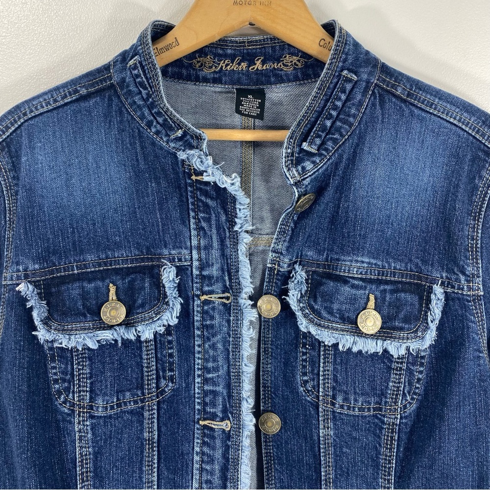 Kikit Jeans Frayed Raw Edge Distressed Trucker Blue Denim Jean Jacket Stretch XL - Picture 2 of 10